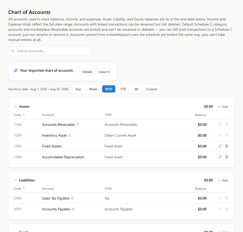 The Chart of Accounts, with a per-section Add button