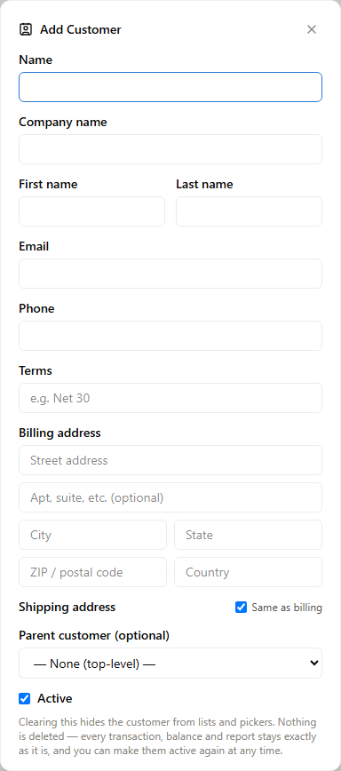 The Add Customer form