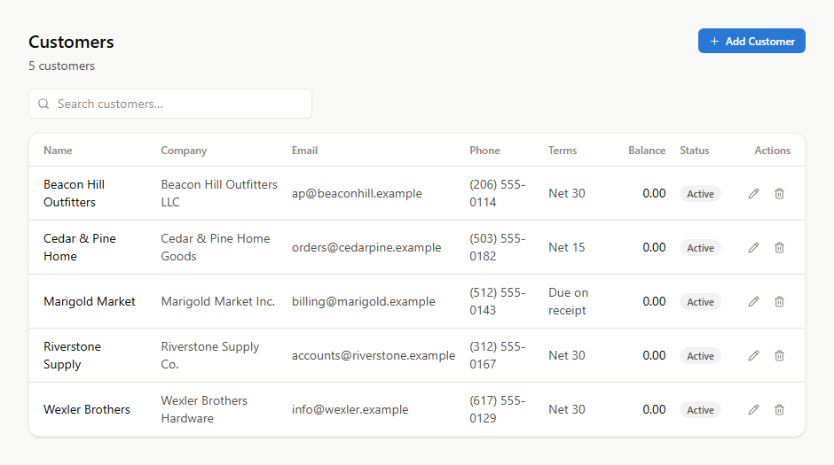 The Customers list, with the Add Customer button at the top right