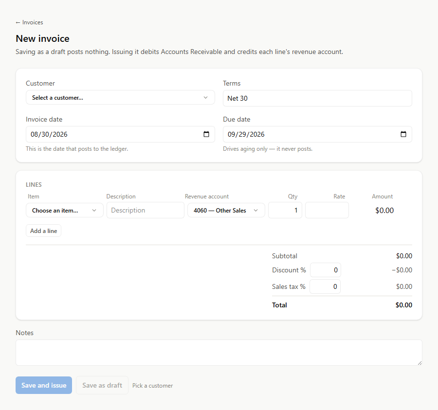 The new invoice form