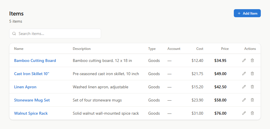 The Items list